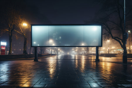 Buildings, night or mockup for advertising billboard, commercial product or logo design in cityの素材