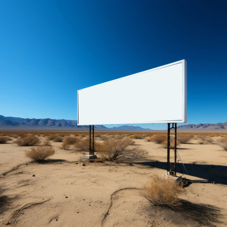 Desert, mockup space and advertising billboard, commercial product or logo design in dry countrysideの素材