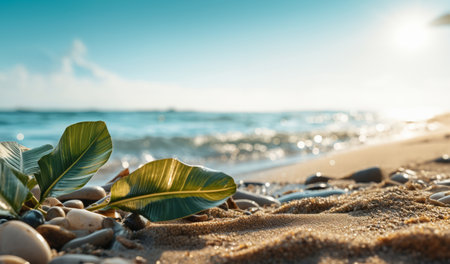 Closeup, seashells and beach leaves for travel, mock up and space in tropical, holiday and paradiseの素材