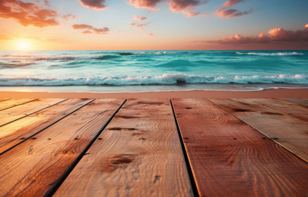 Wooden table, sunset and beach landscape with mock up or travel. Tropical paradise, dream vacationの素材