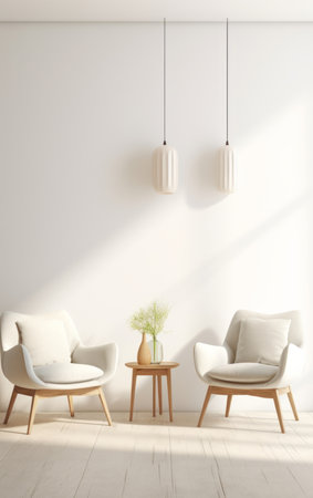 Living room, chair and home interior design with blank wall for apartment design and lifestyle. Cozyの素材