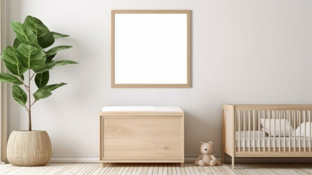 Baby room, bed and home interior design with blank frame for apartment poster, picture andの素材