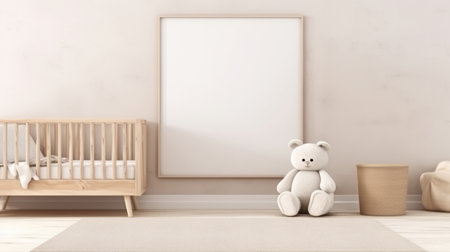 Baby room, bed and home interior design with blank frame for apartment poster, picture andの素材