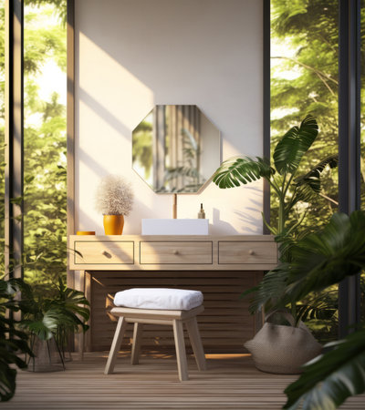 Modern, bathtub or bathroom interior design with mockup glass mirror for apartment, hotel or homeの素材