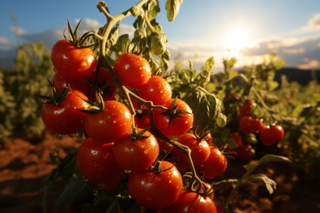 Closeup, tomatoes and plant with farm background, growth and sunshine. Fruit agriculture, outdoorの素材