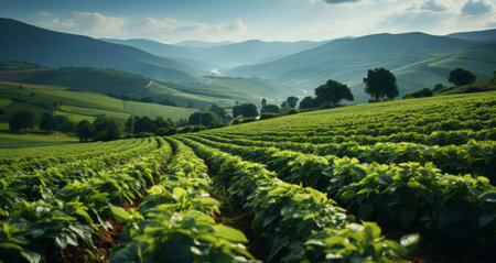 Agriculture, sustainability and farm with plants, field and countryside for organic, spring andの素材