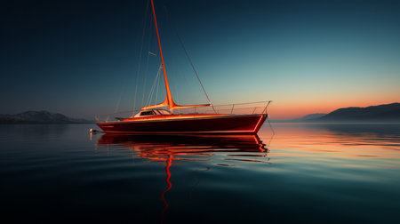 Yacht traveling, ship and water for commercial sailing, transport and private owner on oceanの素材