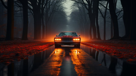 Vehicle riding, woods and car light trails for commercial, driver and owner on road. Test, speedの素材
