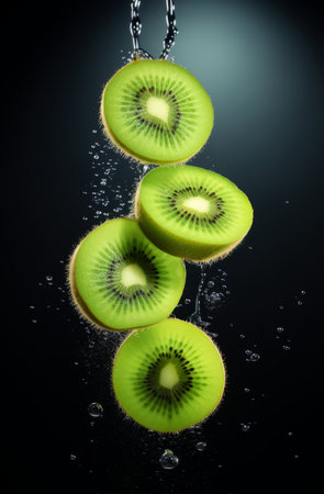 Healthy, natural or kiwi fruit juice on a black background in studio for farming, produce andの素材