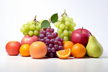 Natural, organic and mixed fruits on a white studio background for farming, produce and health dietの素材