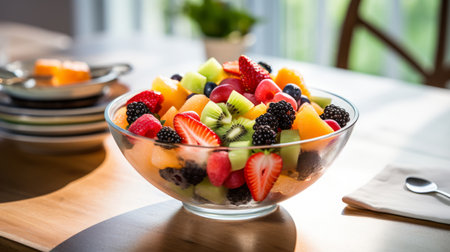 Salad, dessert and mixed fruit bowl with a kitchen background for breakfast, health and dietの素材