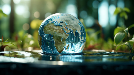 Planet, water and globe in forest for Earth day, environment protection and save environment waterの素材