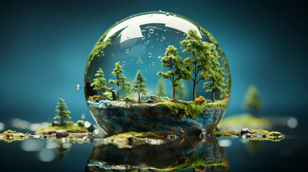 Forest, water globe, and nature conservation for preserving forests and water. Green, vibrant, andの素材