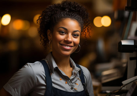 Happy woman, cashier and portrait with smile for management, small business or restaurant. Positiveの素材