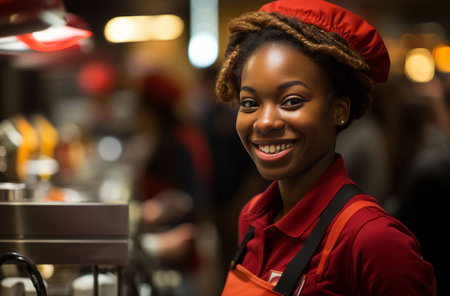 Happy, african american woman and portrait with smile for management, leadership or businessの素材