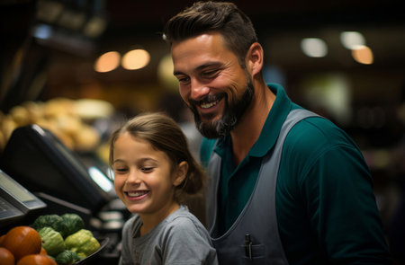 Child, father and cash register with smile for small business, family or grocery store. Positiveの素材