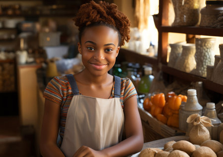 Black Girl, entrepreneur and portrait with vegetables for management, small business or leadershipの素材