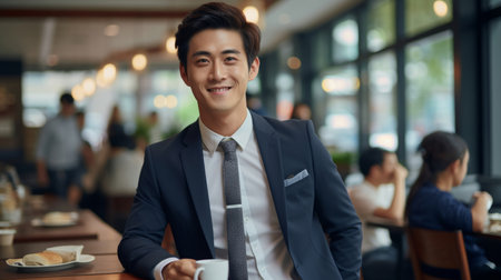 Asian businessman, Cafe and smiling at camera. International business, Symbolizing networking andの素材
