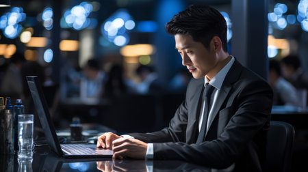 Asian businessman, laptop and global connection. International business, Symbolizing networking andの素材