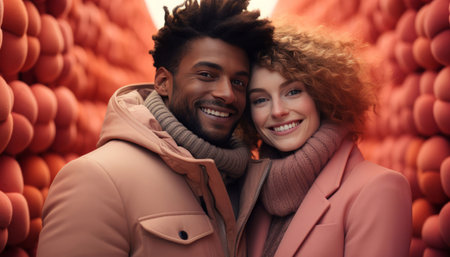 Interracial couple, romance and together for portrait, love or anniversary. Background, hug andの素材