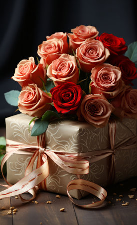 Roses, gift box and background for celebration, love or decoration. Creative, plant and growth forの素材