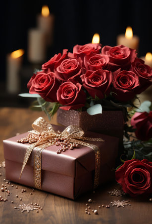 Roses, gift box and bouquet for celebration, love or decoration. Background, plant and growth forの素材