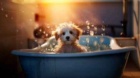 Puppy, bath and bubbly bliss for adorable cleanliness and joyful pampering. Wet fur, playful bubblesの素材