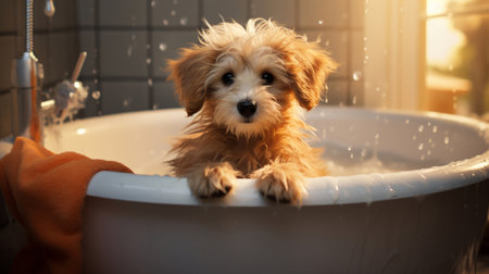 Puppy, bath and bubbly bliss for adorable cleanliness and joyful pampering. Wet fur, playful bubblesの素材