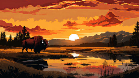 Illustrated sunset, Buffalo at watering hole. Serene, colorful and nature-inspired scene for artの素材