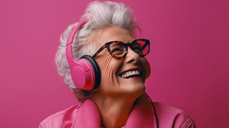 Senior lady, headphones, adorned in vibrant colors. Stylish, tech-savvy and modern elder in a livelyの素材