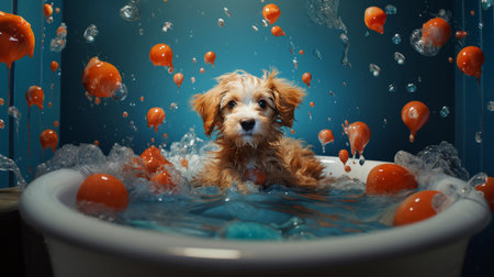 Puppy, bath and bubbly bliss for adorable cleanliness and joyful pampering. Wet fur, playful bubblesの素材