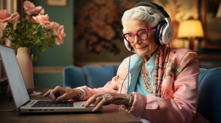 Senior lady, headphones on and working on laptop in vibrant attire. Tech-savvy, focused and stylishの素材