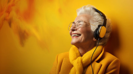 Senior lady, headphones, adorned in vibrant colors. Stylish, tech-savvy and modern elder in a livelyの素材