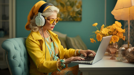 Senior lady, headphones on and working on laptop in vibrant attire. Tech-savvy, focused and stylishの素材