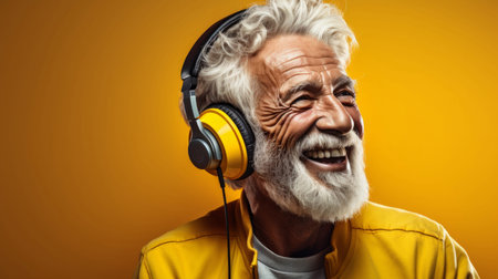 Senior man, headphones, adorned in vibrant colors. Stylish, tech-savvy and modern elder in a livelyの素材