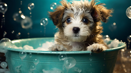 Cute puppy, bath-time excitement, surrounded by bubbles and playful splashes. Sudsy puppy loveの素材