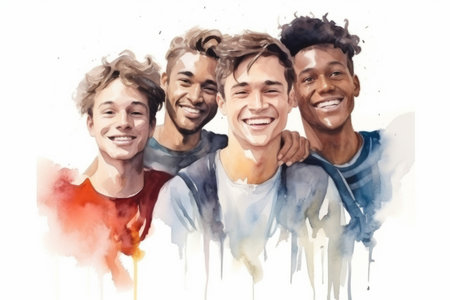 Group, diverse men and watercolour portrait illustration on a white background for human rightsの素材