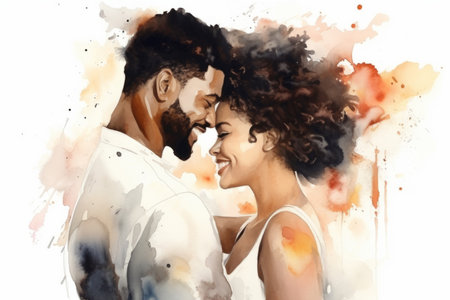 Young, couple and watercolour portrait illustration on a white background for drawing, happiness andの素材