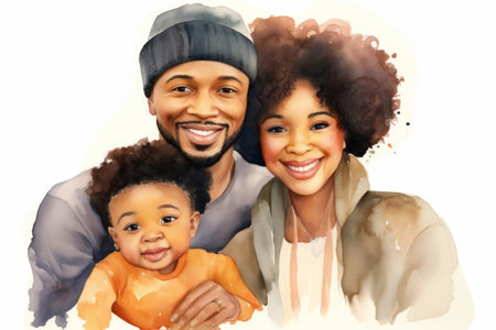Family, toddler and watercolour portrait illustration on a white background for drawing, love andの素材