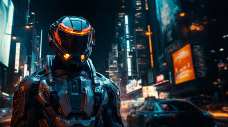 Futuristic soldier, city setting, high-tech and dynamic. Sci-fi, powerful and urban-inspired designの素材