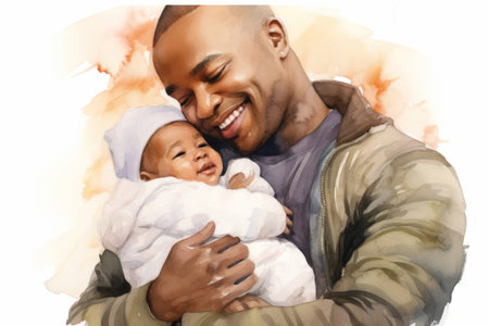 Dad, newborn baby and watercolour support illustration on white background for fatherhood, love andの素材