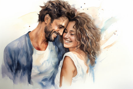 Young, couple and watercolour portrait illustration on a white background for drawing, happiness andの素材