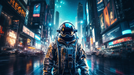 Futuristic soldier, city setting, high-tech and dynamic. Sci-fi, powerful and urban-inspired designの素材