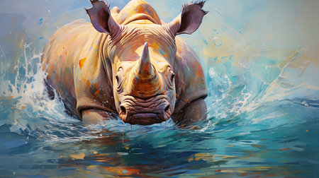 Wild rhinoceros, vibrant and expressive painting. Colorful, energetic and nature-inspired art forの素材