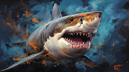 Wild shark, lively and expressive artwork. Vibrant, ocean-inspired painting for decor, prints andの素材