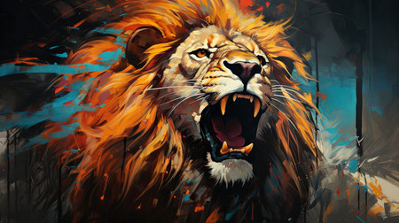 Powerful lion, regal and majestic, embellished with vibrant painting strokes and graffiti. Goldenの素材
