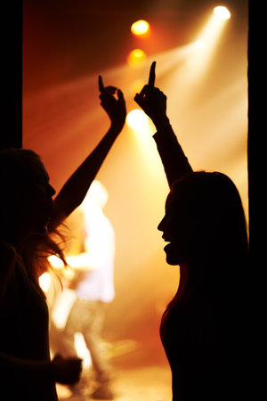 Fans, silhouette and dance to music backstage at event and lights on band for performance at festival. Nightclub, party and people in audience excited for musician and listening to sound with freedomの写真素材