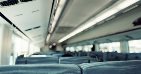 Empty train interior, seats and transport with moving, window and vehicle with public...