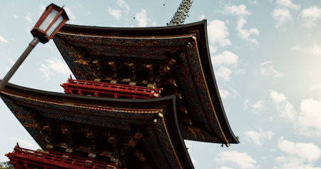 Building, architecture and Japanese temple, culture and outdoor for travel, low angle and worship....