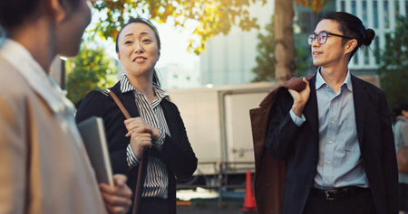 Meeting, conversation and business people in the city talking for communication or bonding. Smile,...